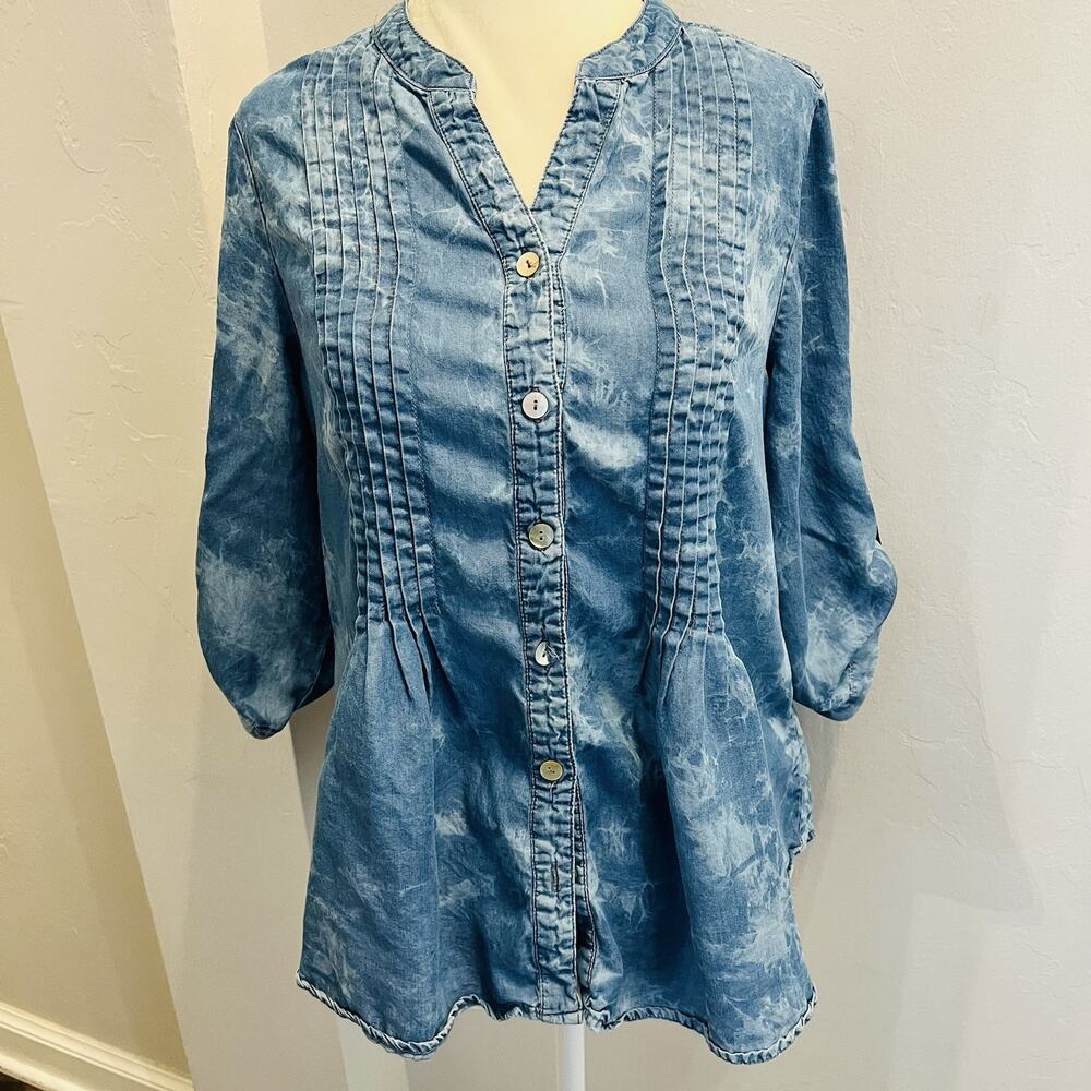 Ruby Rd Petite Women’s PS Tie Dye Shirt Soft Pleats Button Front V Neck ( A0126)